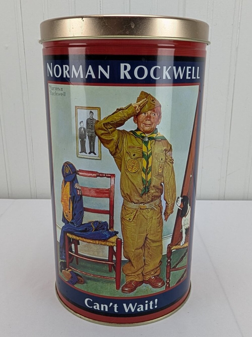 Norman Rockwell Can't Wait Metal Popcorn Tin Canister 10" Boy Scout Saluting